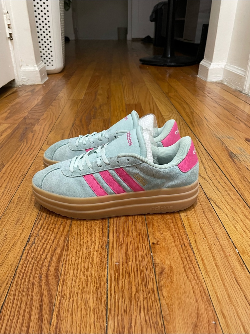 adidas Women's Mint Suede Sneakers with Pink Stripes and Gum Platform - Picture 1 of 9